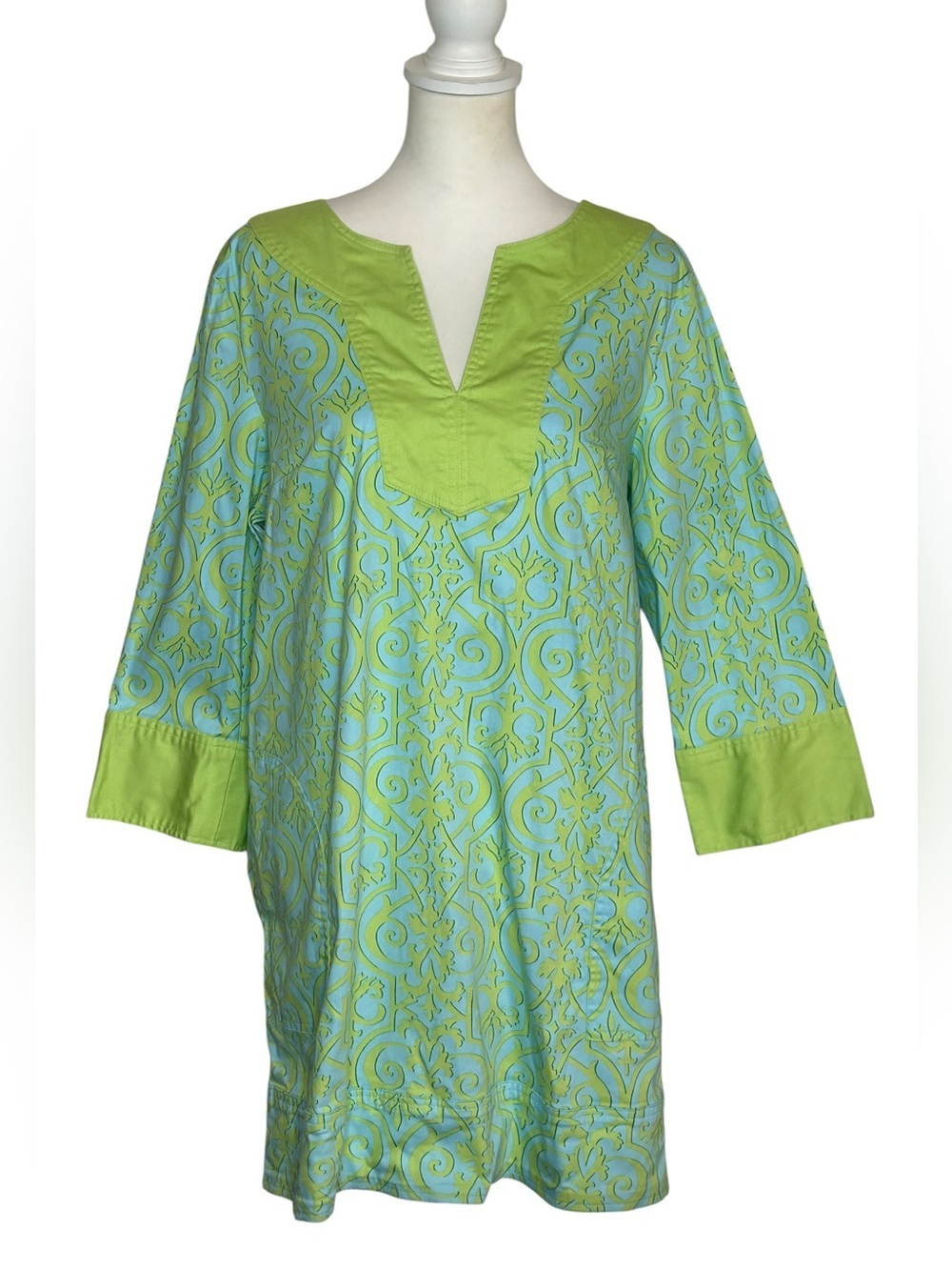 Lilly & Van Green Aqua damask Patterned Tunic Dress EUC Sz L Resortwear Beach